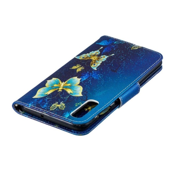 Samsung Galaxy A70 mønstret lædercover - blå sommerfugle Blue