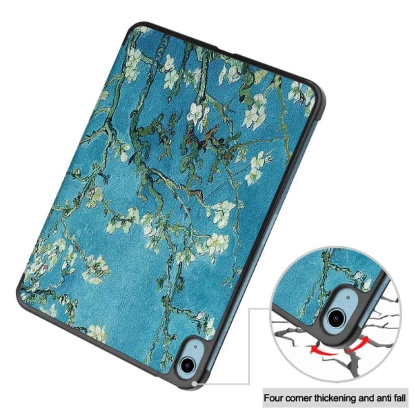 Tri-fold stander etui iPad 10.9 (2022) Pattern Printing Anti-fall Anti-wear Folio Flip Vegansk Læder Tablet Cover - Abrikosblomst Blue