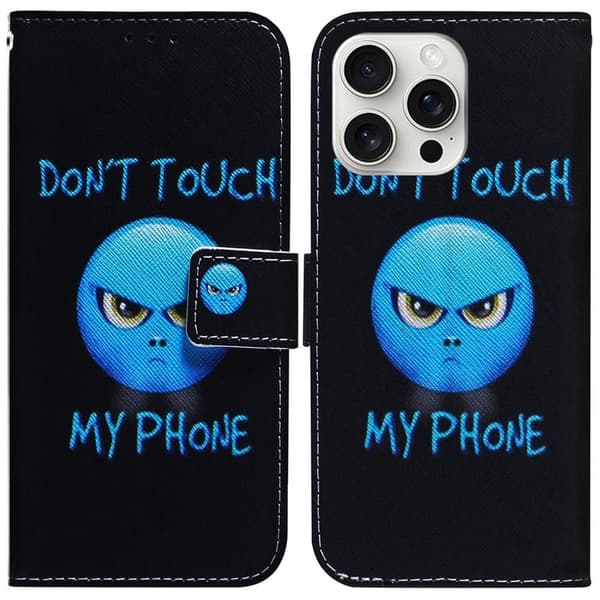 iPhone 16 Pro plånboksfodral mönster tryck läder telefonskydd - Rör Inte Min Telefon Svart
