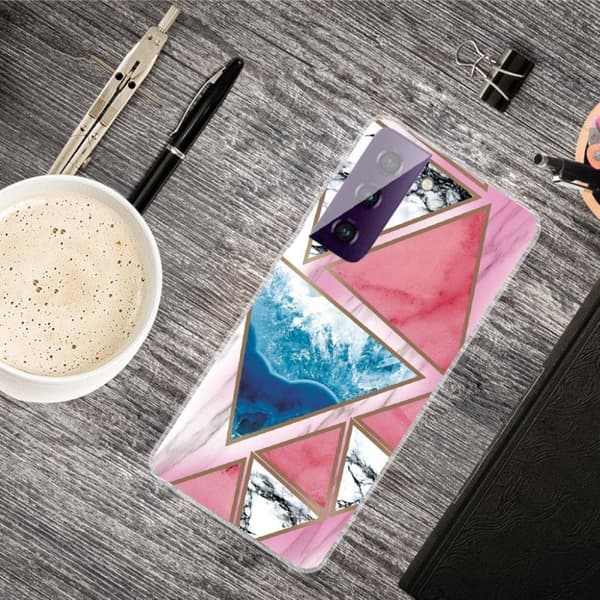 Marble Samsung Galaxy S21 FE Etui - Hvid / Blå / Rose Trekant Multicolor
