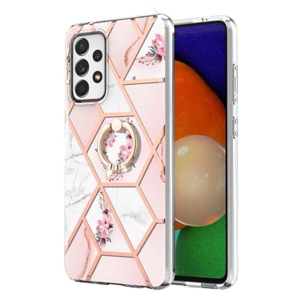 Marble Mønstret Cover med Ring Holder til Samsung Galaxy A33 5G - Lyserøde Blomster Pink