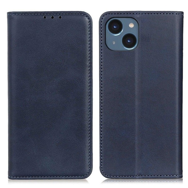 iPhone 14 Plus flip etui i ægte læder med pung – Blå Blue