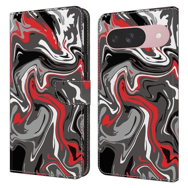 Google Pixel 9 / 9 Pro plånboksfodral mönstrat tryck stativ läder flip telefonskal - Stenstruktur Röd