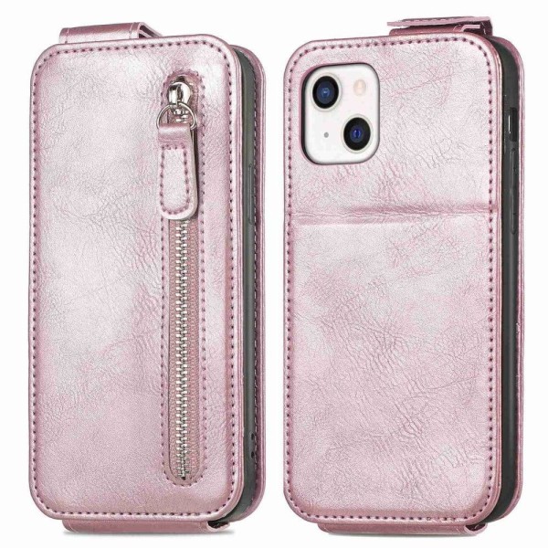 Vertical Flip Phone Suojakotelo With Zipper For iPhone 13 Mini - Ruusukulta Pink