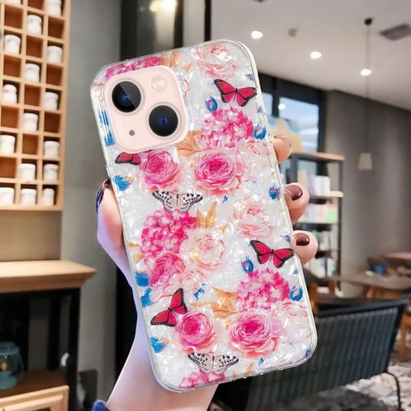 Marble iPhone 15 Plus Etui - Farverig Sommerfugl Pink