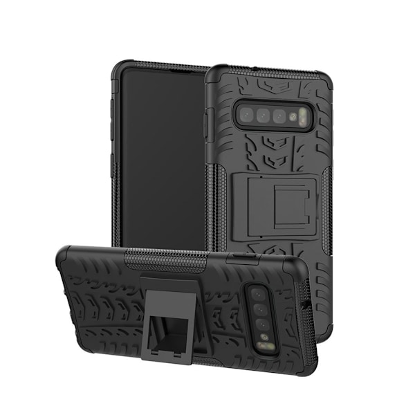 Samsung Galaxy S10 Plus däckmönstrat hybridfodral med stativ - svart Svart