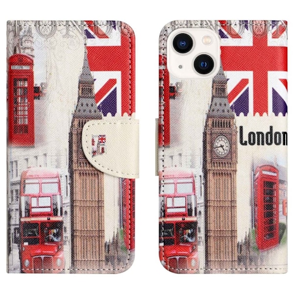 iPhone 14 6,1 tommer Mønsterudskrivning Telefonetui Cross Texture Vegansk læder Foldbart stativ Tegnebog Folio Flip Cover - London Big Ben Multicolor