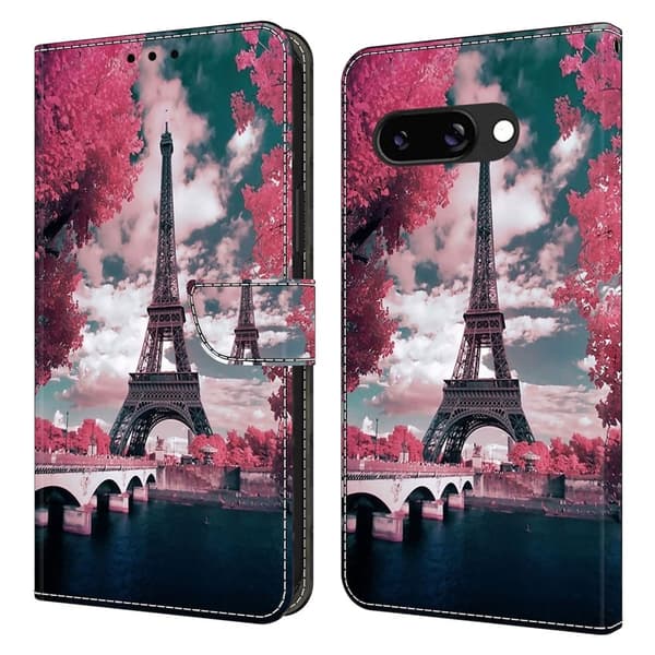 Google Pixel 9a Etui med pung Mønster print Stand Leather Flip Phone Cover - Eiffeltårnet Pink