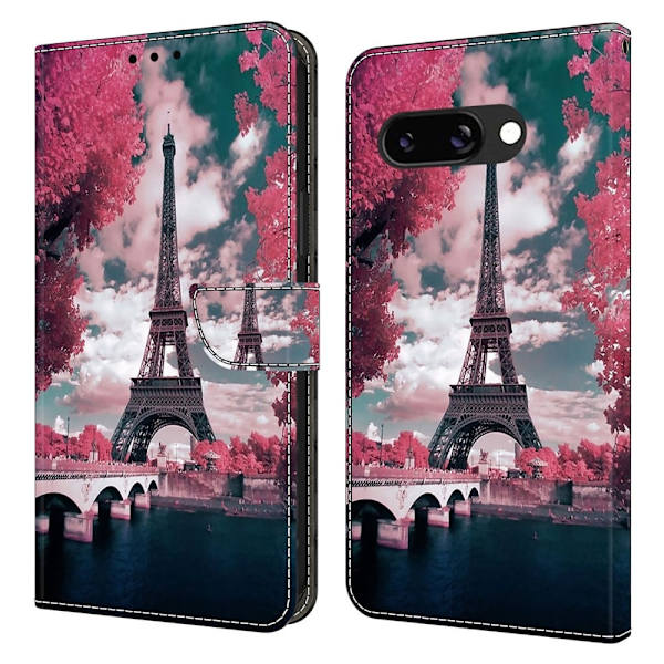 Google Pixel 9a Plånboksfodral Mönster Tryck Stativ Läder Flip Telefonskal - Eiffeltornet Rosa