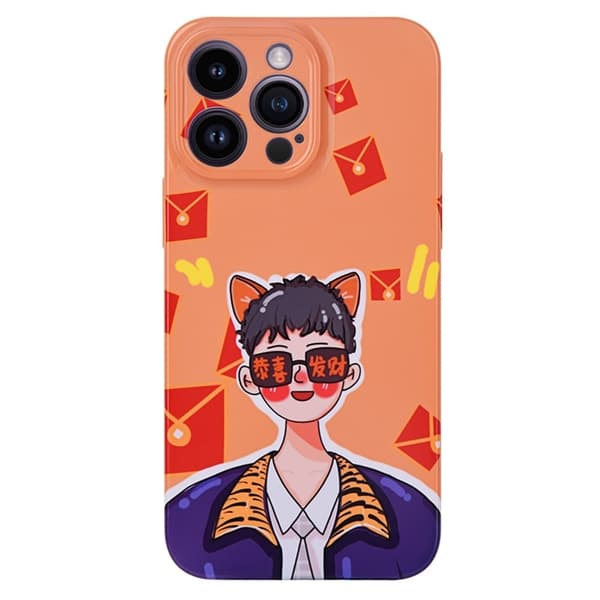 iPhone 14 Pro Max Cartoon Pattern Back Protector Case Anti-scratch Mobile Phone Cover - Kung Hei Fat Choy Orange