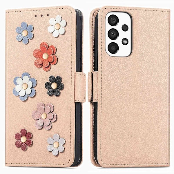 Pehmeä kukkakoristelu nahkakotelo Samsung Galaxy A23 - Khaki Brown