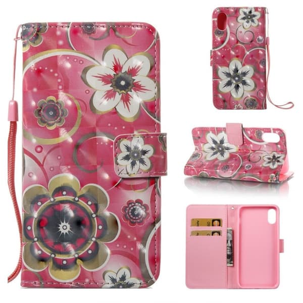 iPhone Xs Max læder flip cover med mønsterprint - Guldblomst Multicolor