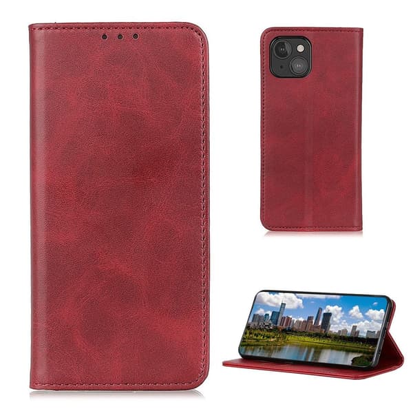 Lompakko-style Aitoa Nahkaa Läppäkotelo For iPhone 13 Mini - Punainen Red