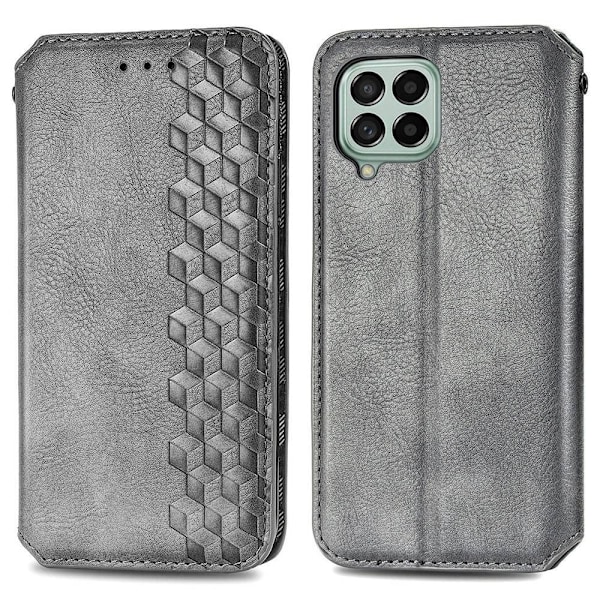 Läder Samsung Galaxy M33 5G fodral med romb-design - Silver/Grå Silvergrå