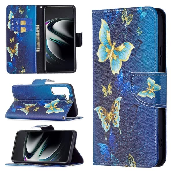 Wonderland Samsung Galaxy S22 Plus Flip Etui - Gyldne Sommerfugle Multicolor