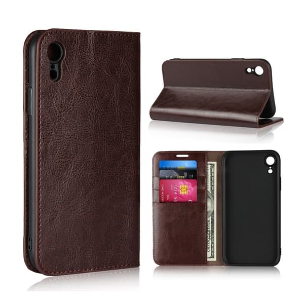 Crazy Horse iPhone Xr flip cover i ægte læder - Kaffe Brown