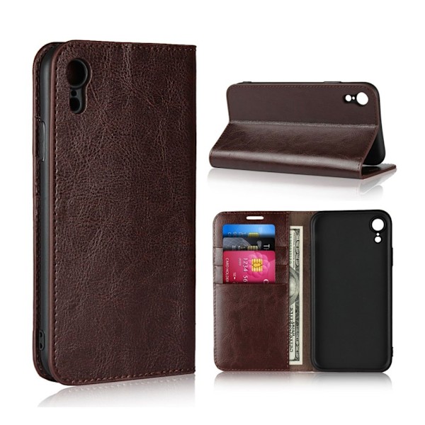 iPhone Xr Äkta läder plånboks mobilfodral - vildhäst texture  - Kaffe Brun