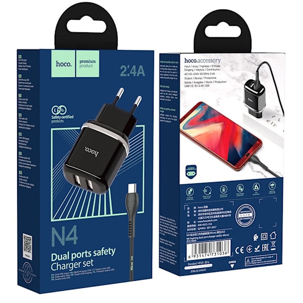 HOCO N4 Aspiring dual port charger set (for Micro)(EU) - Sort Black