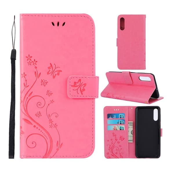Samsung Galaxy A50 aftryk Sommerfugl blomster læder etui - Lyserød Pink