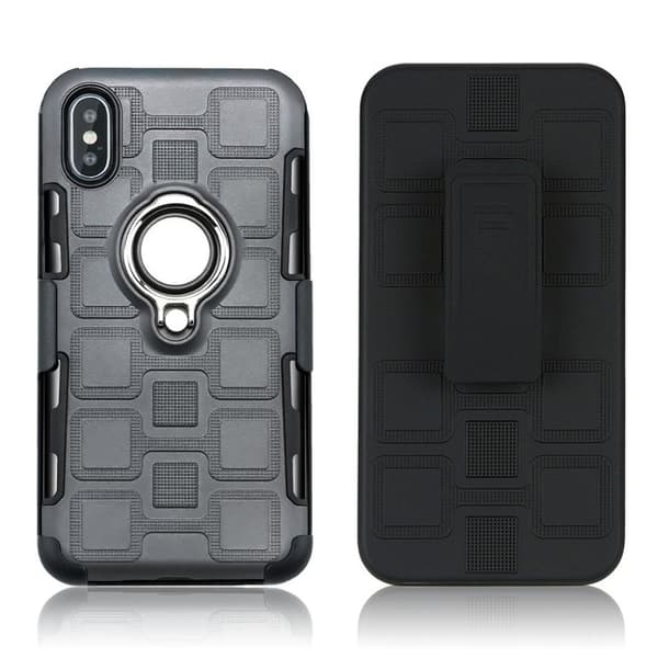 iPhone XS hybrid plast mobilskal med fingerring och metall magnet platta samt geometriskt mönster - Grå Silvergrå