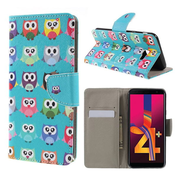 Samsung Galaxy J4 Plus (2018) upea kuviollinen synteetti nahkainen lompakko suojakotelo - Pöllöt Multicolor
