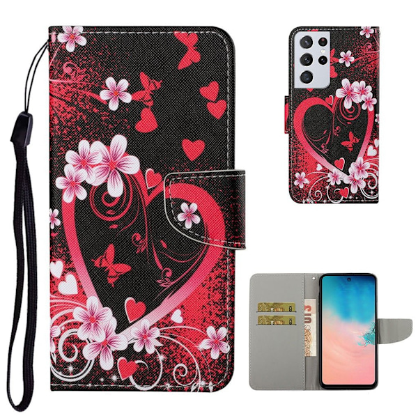 Wonderland Samsung Galaxy S21 Ultra Flip etui - Flower and Heart Red