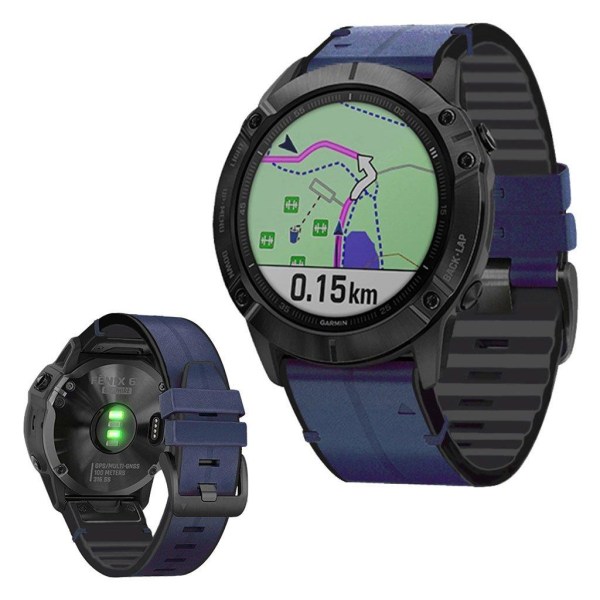 Garmin Fenix 6 / 5 ægte læder + silikone urrem - Midnatsblå Blue