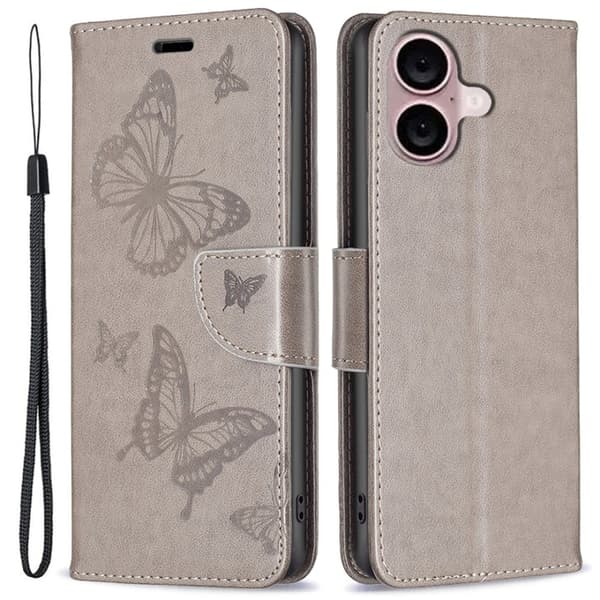 Butterfly iPhone 16 nahkakotelo - Harmaa Silver grey