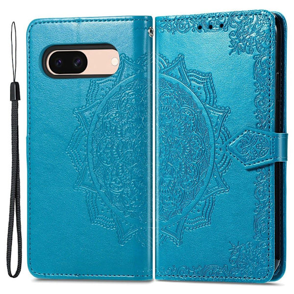 Mandala Google Pixel 8A etui i lær - Blå Blue