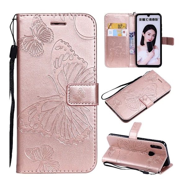 Huawei P Smart 2019 trykt sommerfugl læder flip etui - Rosa Guld Pink
