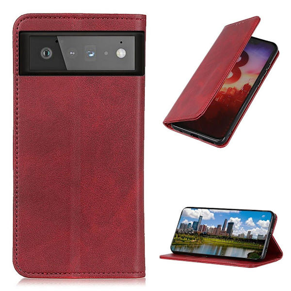 Google Pixel 6 flip etui i ægte læder med pung – Rød Red