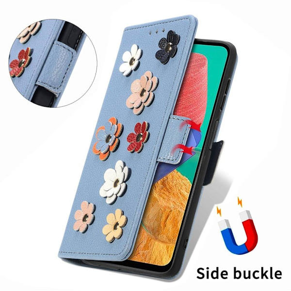 Mjukt läder Samsung Galaxy M53 5G fodral med blomdekor - Blå Blå