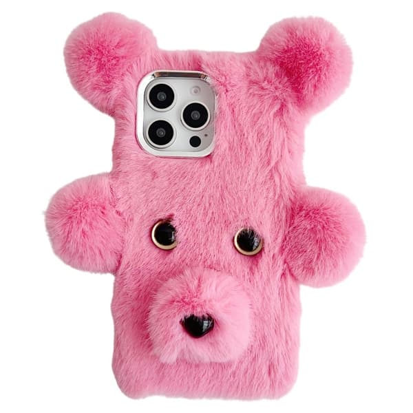 iPhone 16 Pro Etui 3D Bear Faux Fur Fluffy Inner Flexible Phone Cover - Lyserød Pink
