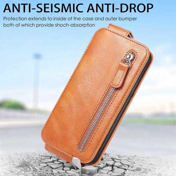 Vertical Flip Phone Suojakotelo With Zipper For iPhone 12 Pro Max - Ruskea Brown