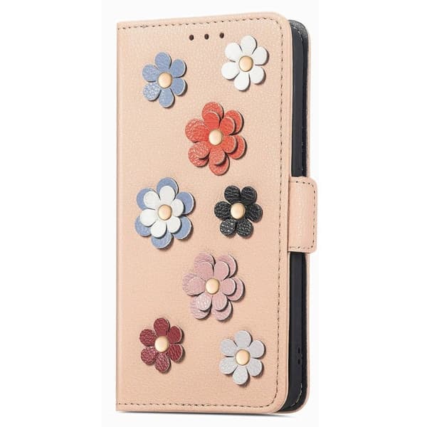 Mjukt läder Samsung Galaxy A22 4G fodral med blomdekor - Brun Brun