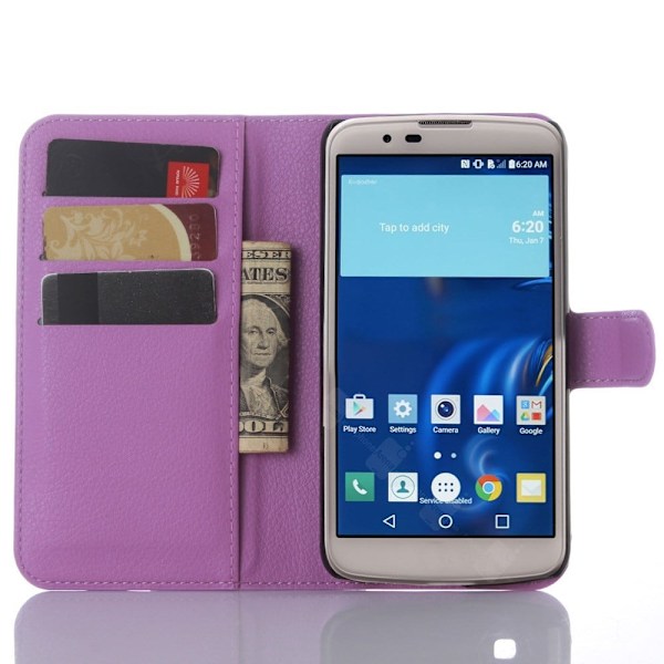 Læder-etui til LG K7 med litchi tekstur og indbygget kortholder og stander - Lilla Purple
