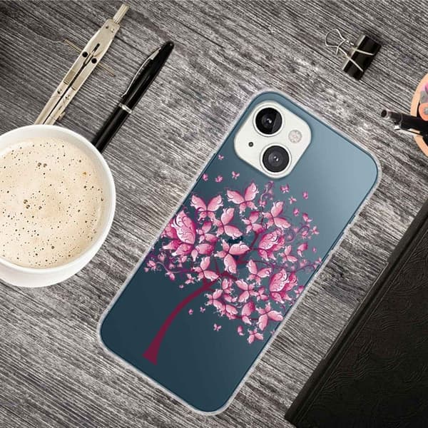 Butterfly iPhone 14 Plus nahkakotelo - Perhonen Puu Pink