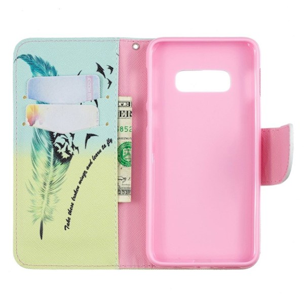 Samsung Galaxy S10e trykt mønster læder flip etui - Fjer Multicolor