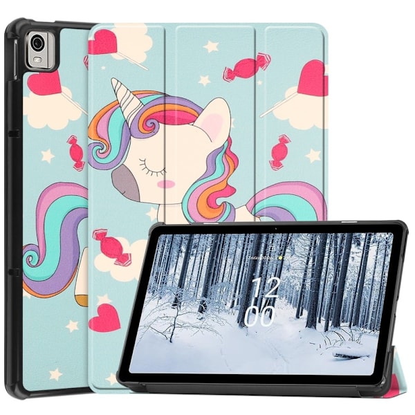 Nokia T21 kolminkertainen kuvio nahkainen flip-kotelo - Yksisarvinen Blue