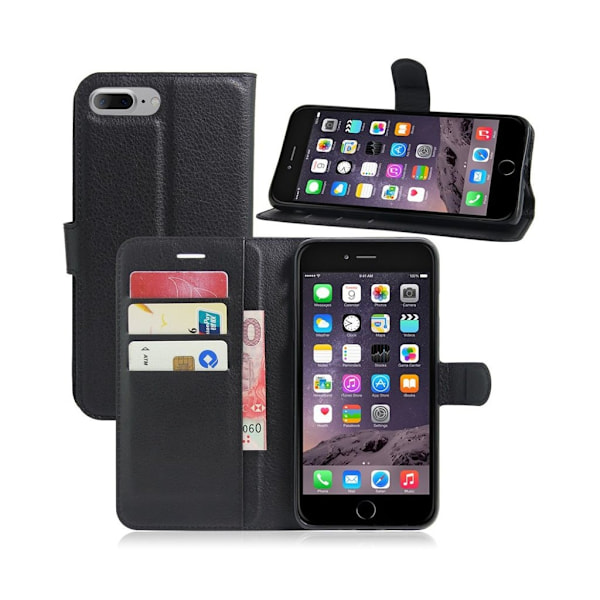 iPhone 8 Plus / 7 Plus 5,5 tommer Litchi Lychee Skin Flip Leather Stand Shell med Folio Flip Wallet - Sort Black