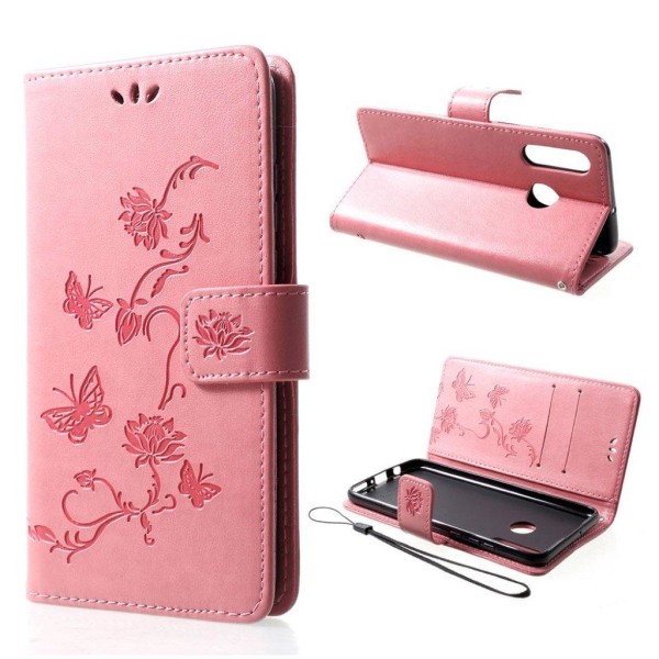 Huawei P30 Lite trykt sommerfugle blomster læder flip etui - Lys Pink