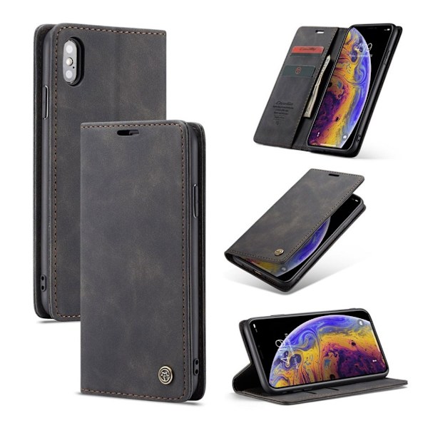 CASEME iPhone XS auto-absorberende læder flip cover - Sort Black