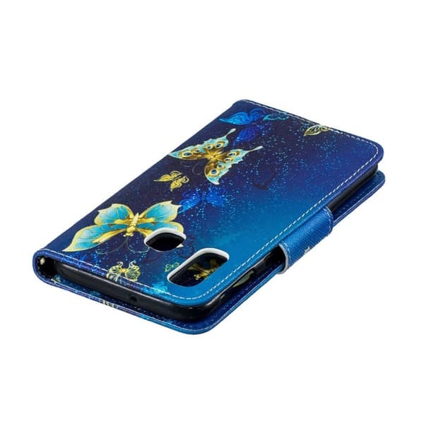 Samsung Galaxy A40 Mønster Læretui - Blå Sommerfugl Blue