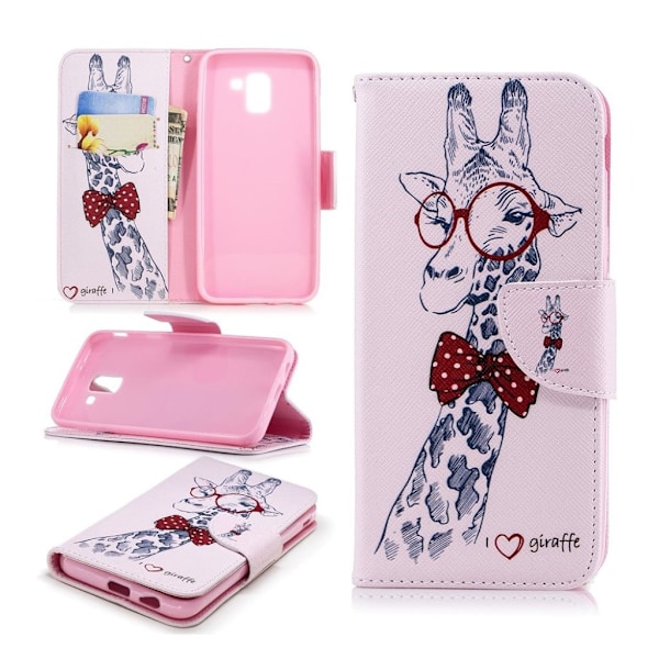 Samsung Galaxy J6 (2018) mobilfodral PU läder TPU plånbok stående mönster - Giraff bär glasögon multifärg