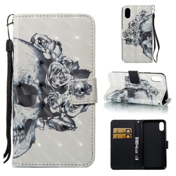 iPhone Xs Max læder flip cover med mønsterprint - Kranie Og Blomst Multicolor