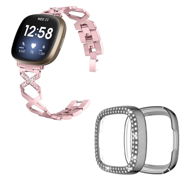 Fitbit Sense / Versa 3 X-formad med strassdekorerat klockarmband med grått fodral - Rosa Ros Rosa