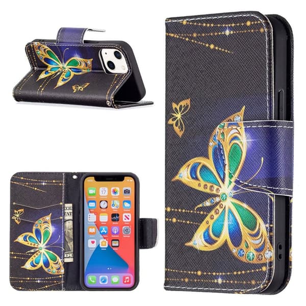 Wonderland iPhone 13 Mini flip etui - Sommerfugle Som Smykke Multicolor
