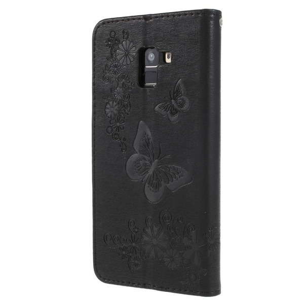 Samsung Galaxy A8 (2018) imprinted sommerfugl Blomster PU læder flip etui - Sort Black