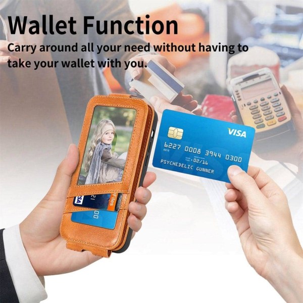 Vertical Flip Phone Suojakotelo With Zipper For iPhone 12 / 12 Pro - Ruskea Brown