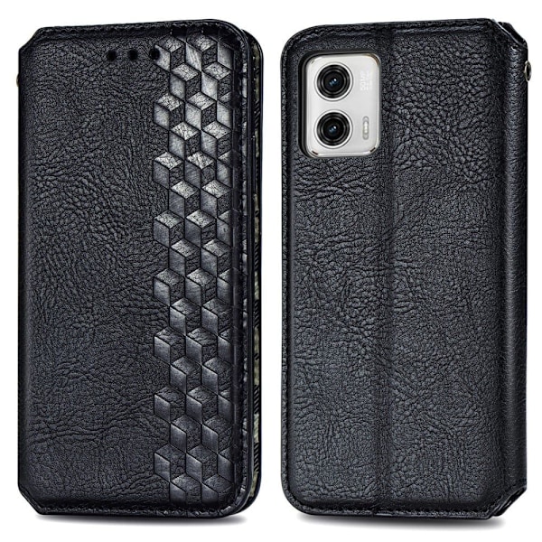 Læder Etui med A Stilfuldt Rhombus Tryk til Motorola Moto G73 - Sort Black